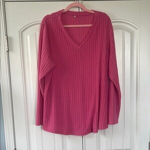 Pink Ribbed V-Neck Sweater